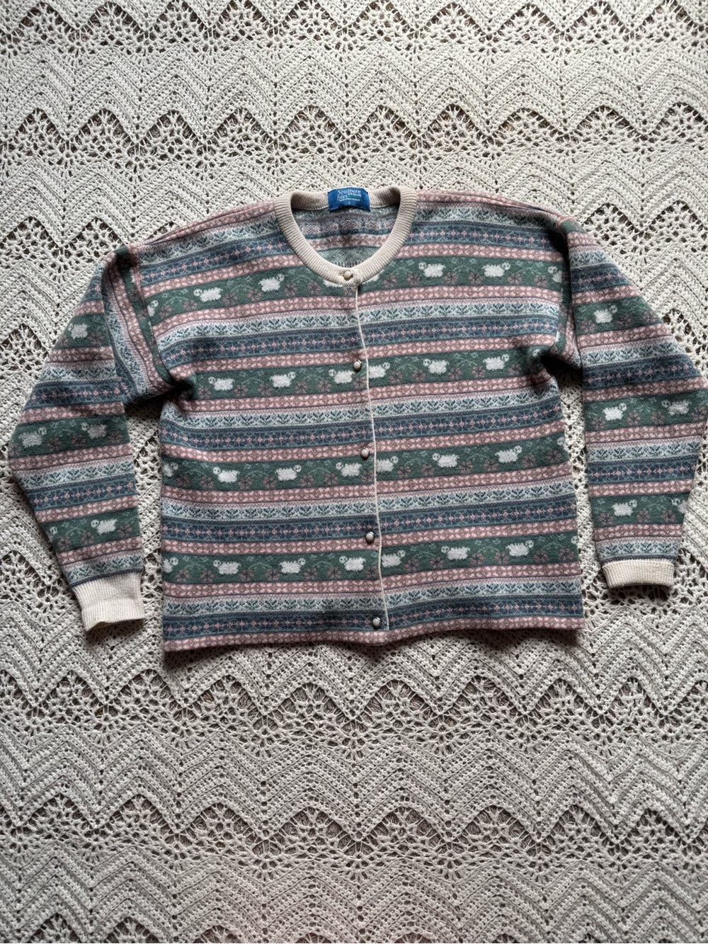 Vintage Sheep Button Sweater Green & Pink Patterned Women's Cardigan Pastel